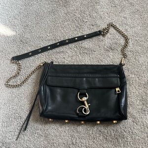 Rebecca Minkoff Black Leather Purse with Brass Accents & Shoulder Strap, 10.5x7”